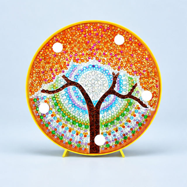 Diamond Painting Rond Lampje Mandala Gouden Boom op een lichtblauwe achtergrond