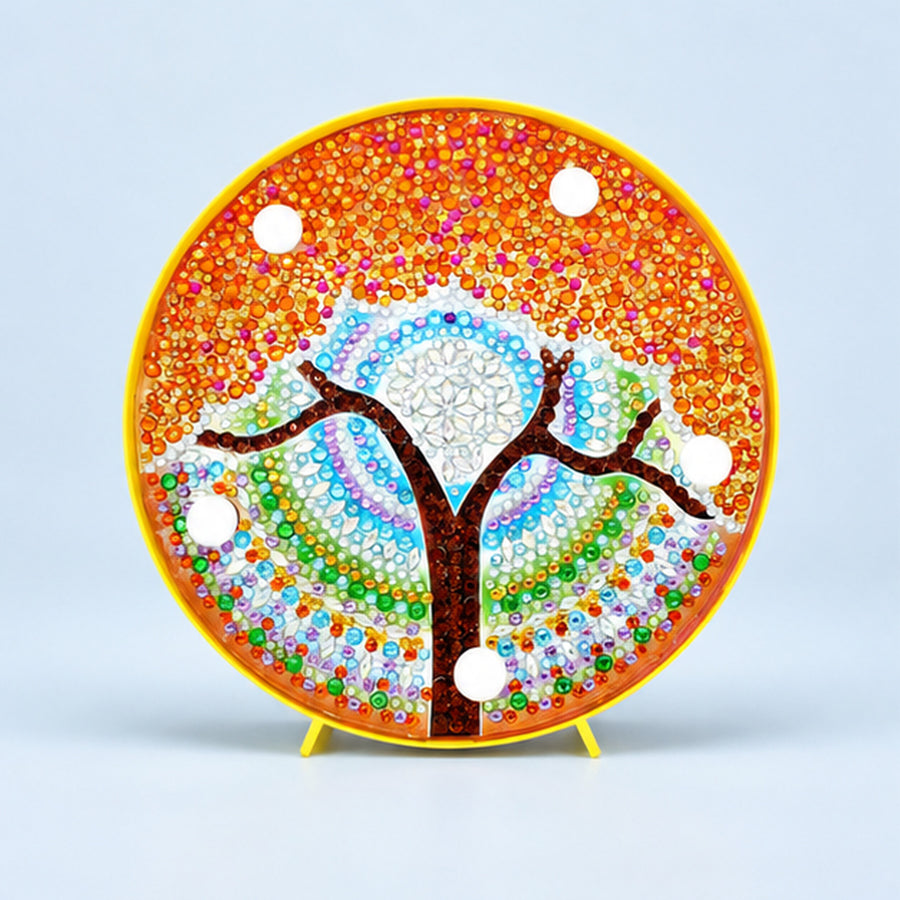 Diamond Painting Rond Lampje Mandala Gouden Boom op een lichtblauwe achtergrond