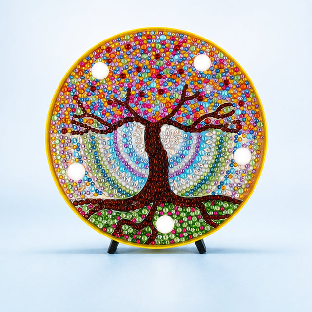 Diamond Painting Rond Lampje Mandala Levensboom op een lichtblauwe achtergrond