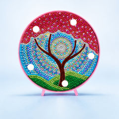 Diamond Painting Rond Lampje Mandala Rode Boom op een lichtblauwe achtergrond