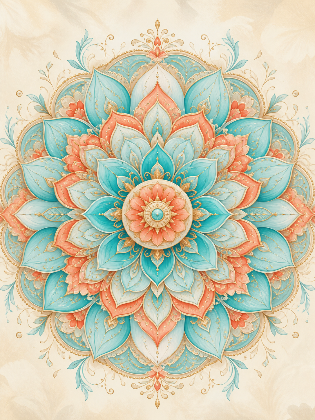 Diamond Painting Mandala Turquoise Koraalrozet – een gelaagde turquoise en koraalkleurige rozet op warm ivoor