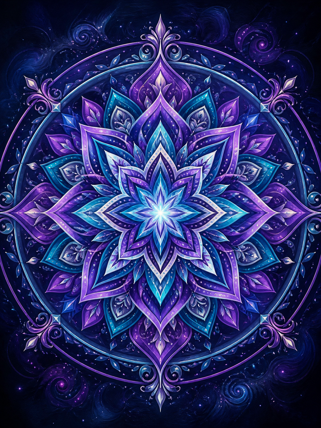 Diamond Painting Mandala Violet Turquoise Kaleidoscoop – een violet-turquoise kaleidoscooppatroon op een donkere achtergrond