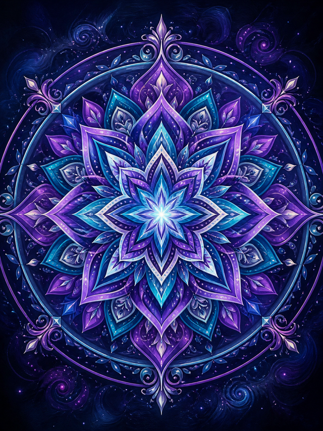 Diamond Painting Mandala Violet Turquoise Kaleidoscoop – een violet-turquoise kaleidoscooppatroon op een donkere achtergrond
