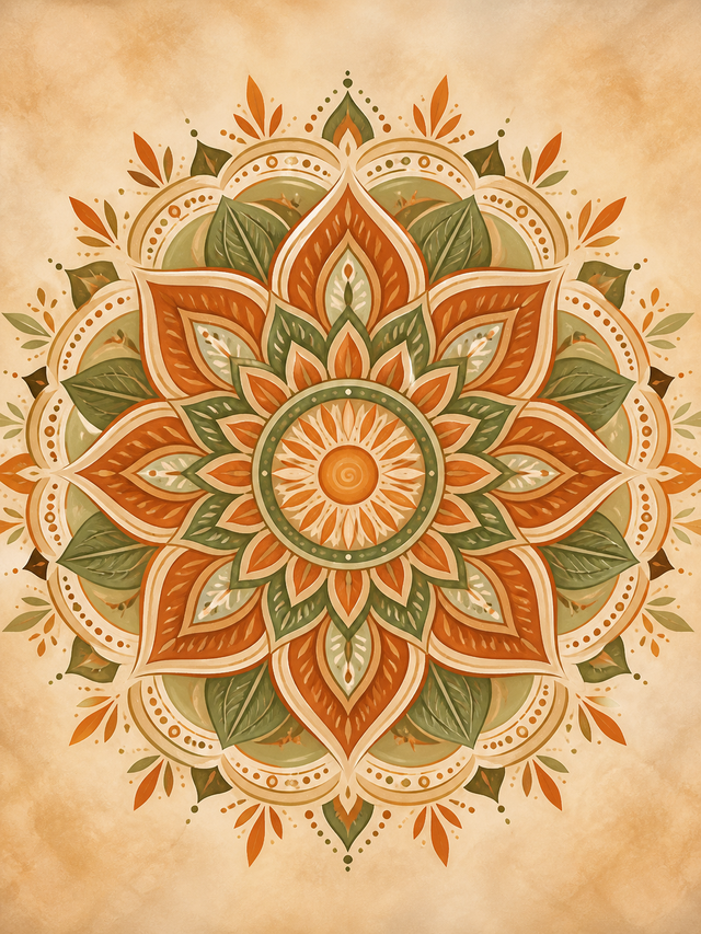 Diamond Painting Mandala Terracotta Saliegroen – een warme zonneroos in terracotta en saliegroen op zandkleur