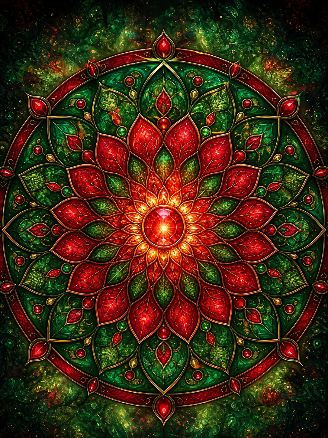 Diamond Painting Mandala Robijn Smaragd – een stralend radiaal patroon in robijnrood en smaragdgroen