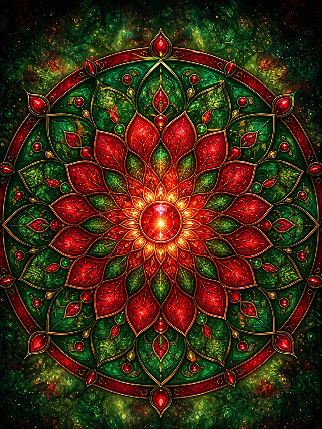Diamond Painting Mandala Robijn Smaragd – een stralend radiaal patroon in robijnrood en smaragdgroen