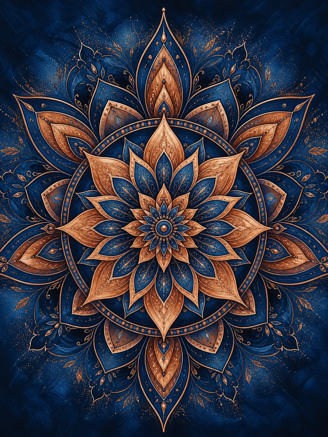 Diamond Painting Mandala Koper Indigo – een koperkleurige bloemster met indigoblauwe lagen