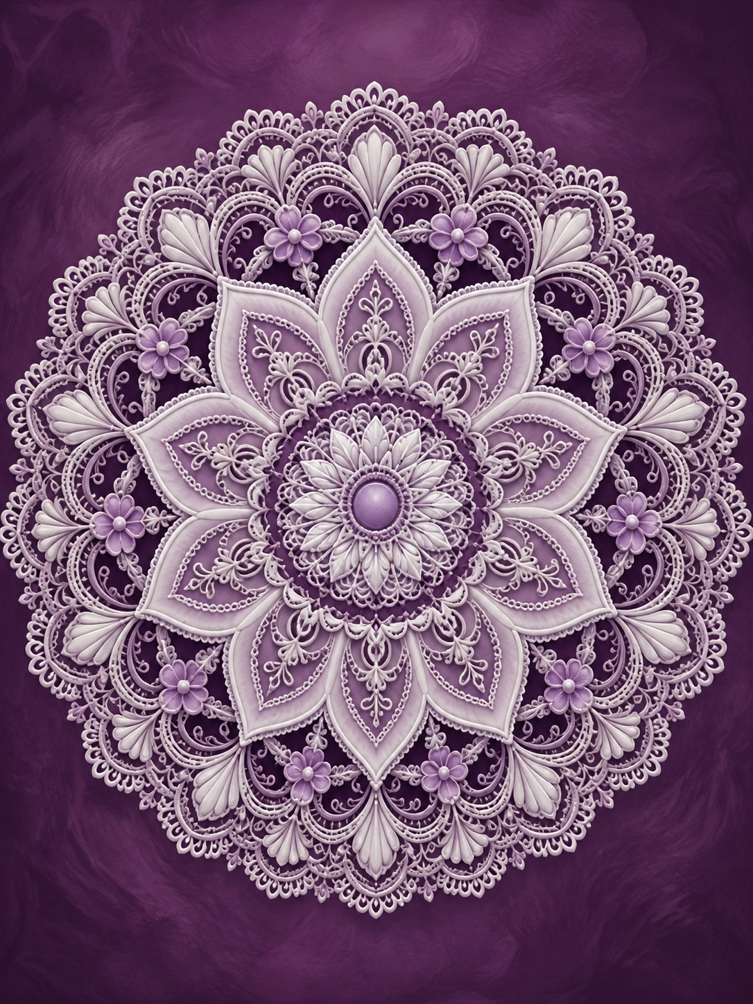 Diamond Painting Mandala Lila Kant – een verfijnde wit-lila kantrozet op pruimpaars