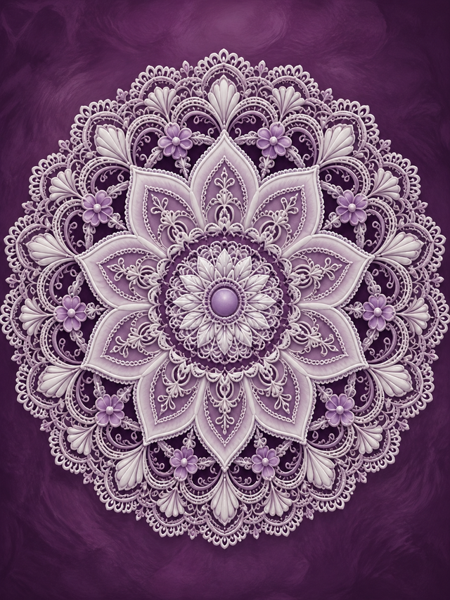 Diamond Painting Mandala Lila Kant – een verfijnde wit-lila kantrozet op pruimpaars