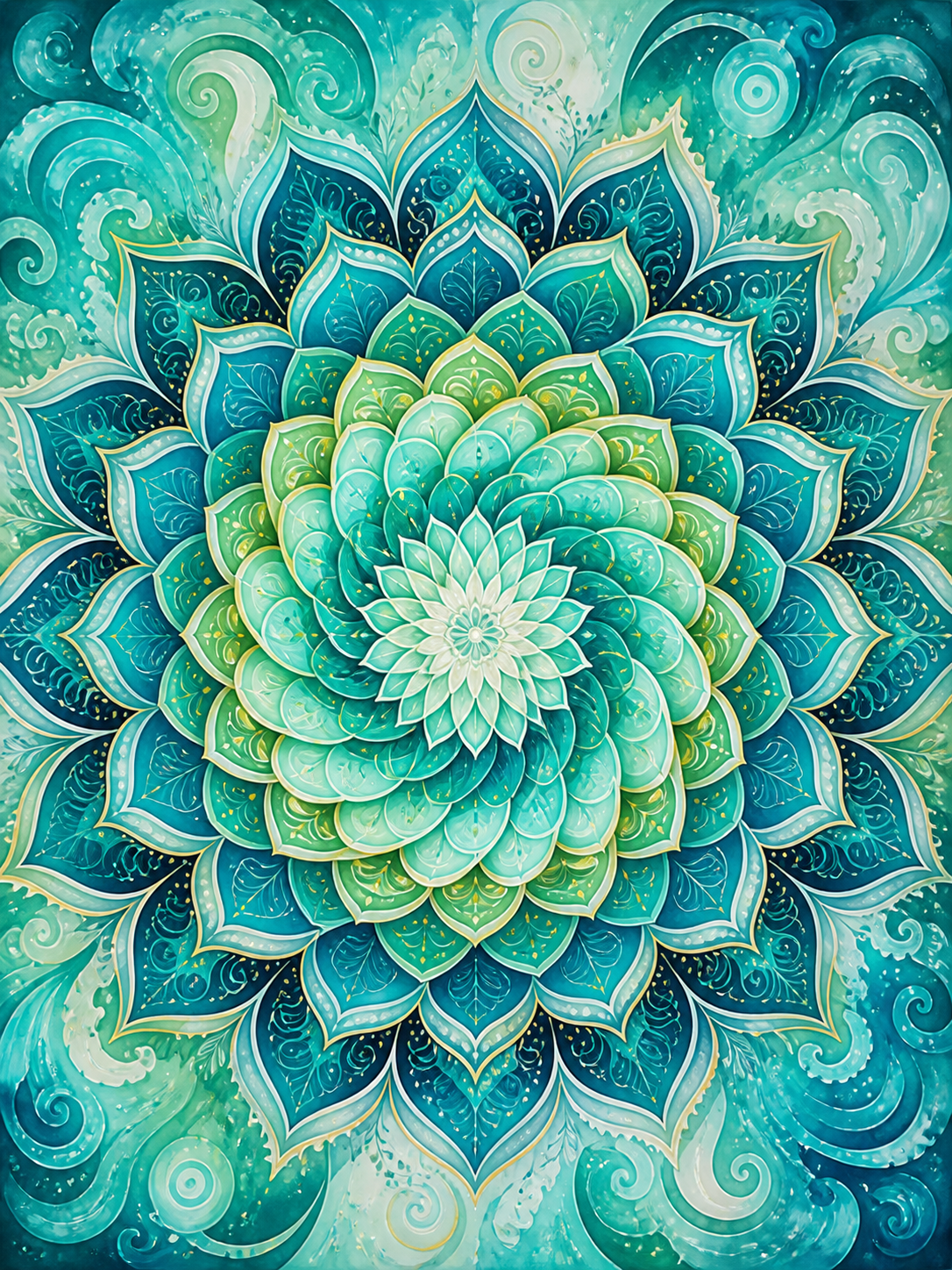 Diamond Painting Mandala Oceaangroene Spiraal – een oceaangroene spiraal van overlappende bloembladen