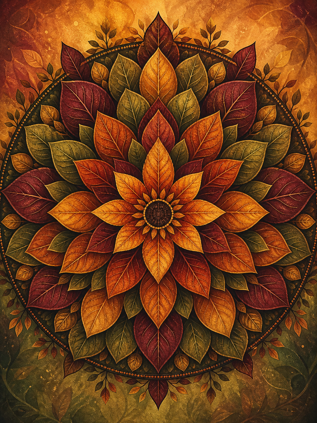 Diamond Painting Mandala Herfstbladeren – een radiale bladcompositie in amber, bordeaux en olijfgroen