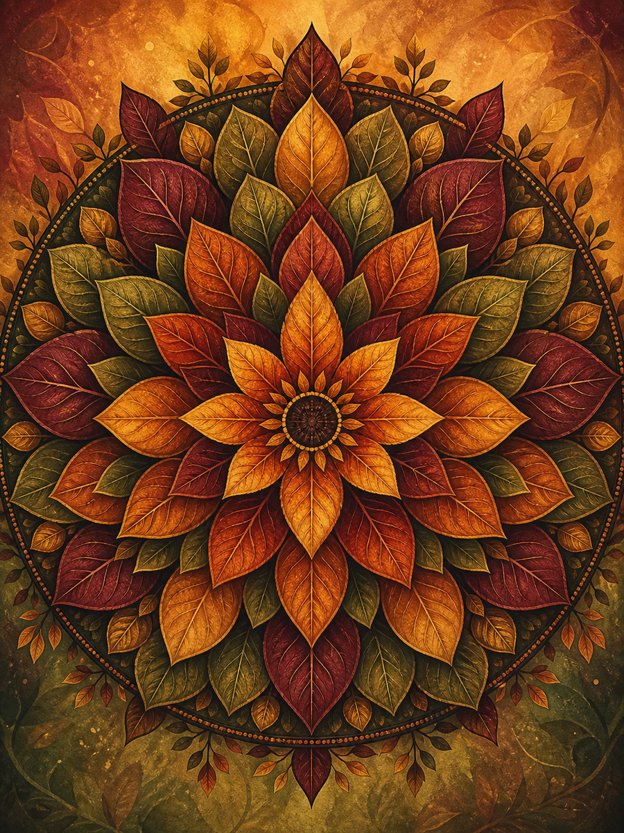 Diamond Painting Mandala Herfstbladeren – een radiale bladcompositie in amber, bordeaux en olijfgroen