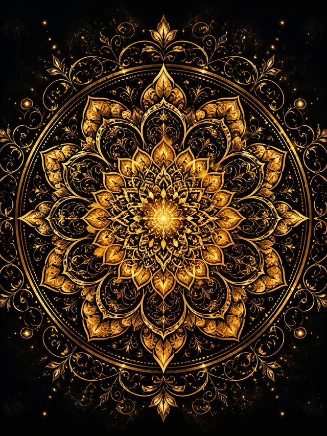 Diamond Painting Gouden Filigraan Mandala – een rijk gouden filigraanpatroon op diep zwart