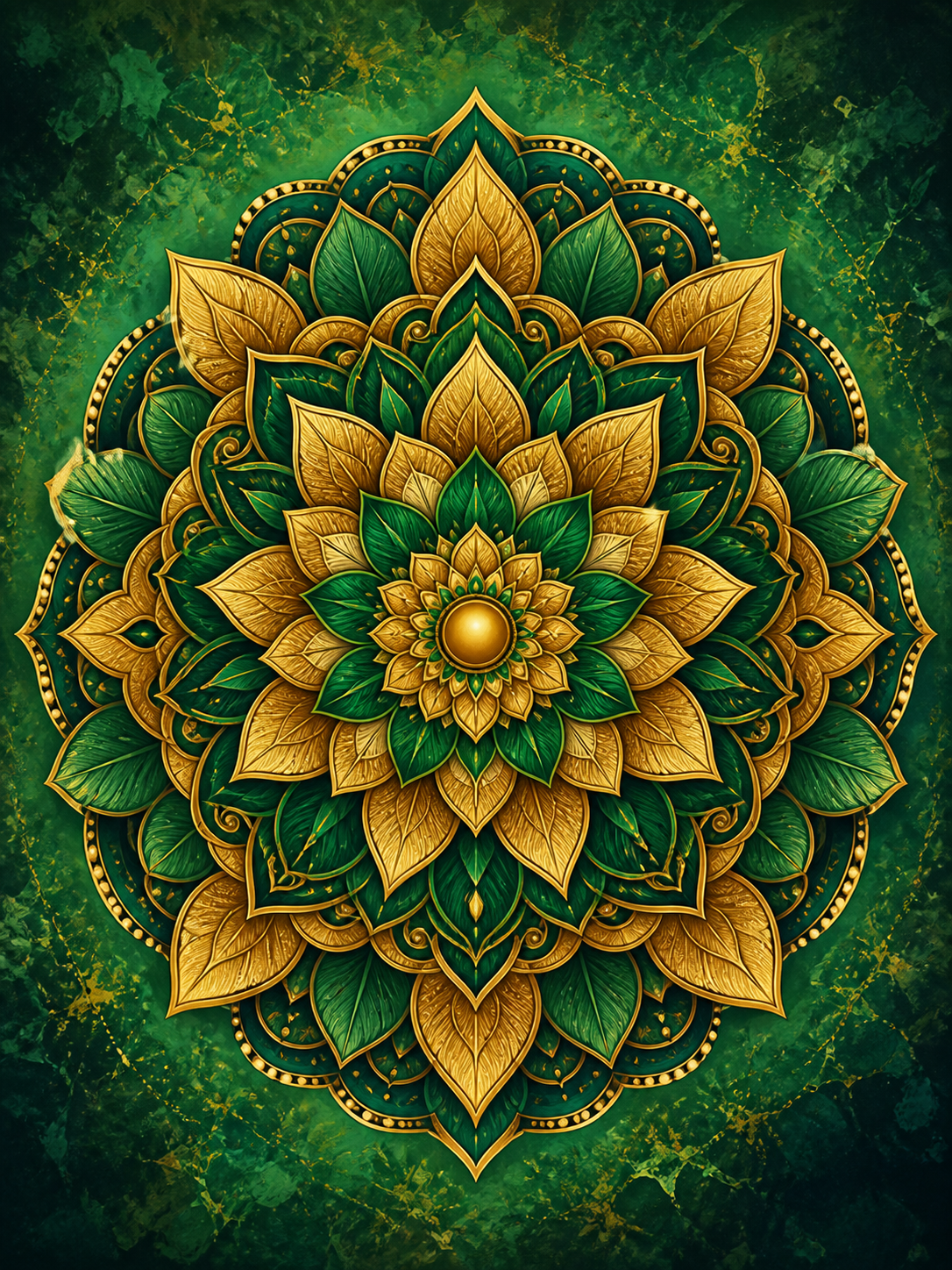 Diamond Painting Goud Smaragd Mandala – een goudkleurige rozet met smaragdgroene kleurvlakken