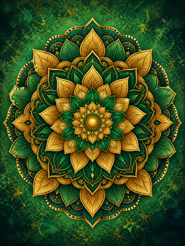 Diamond Painting Goud Smaragd Mandala – een goudkleurige rozet met smaragdgroene kleurvlakken