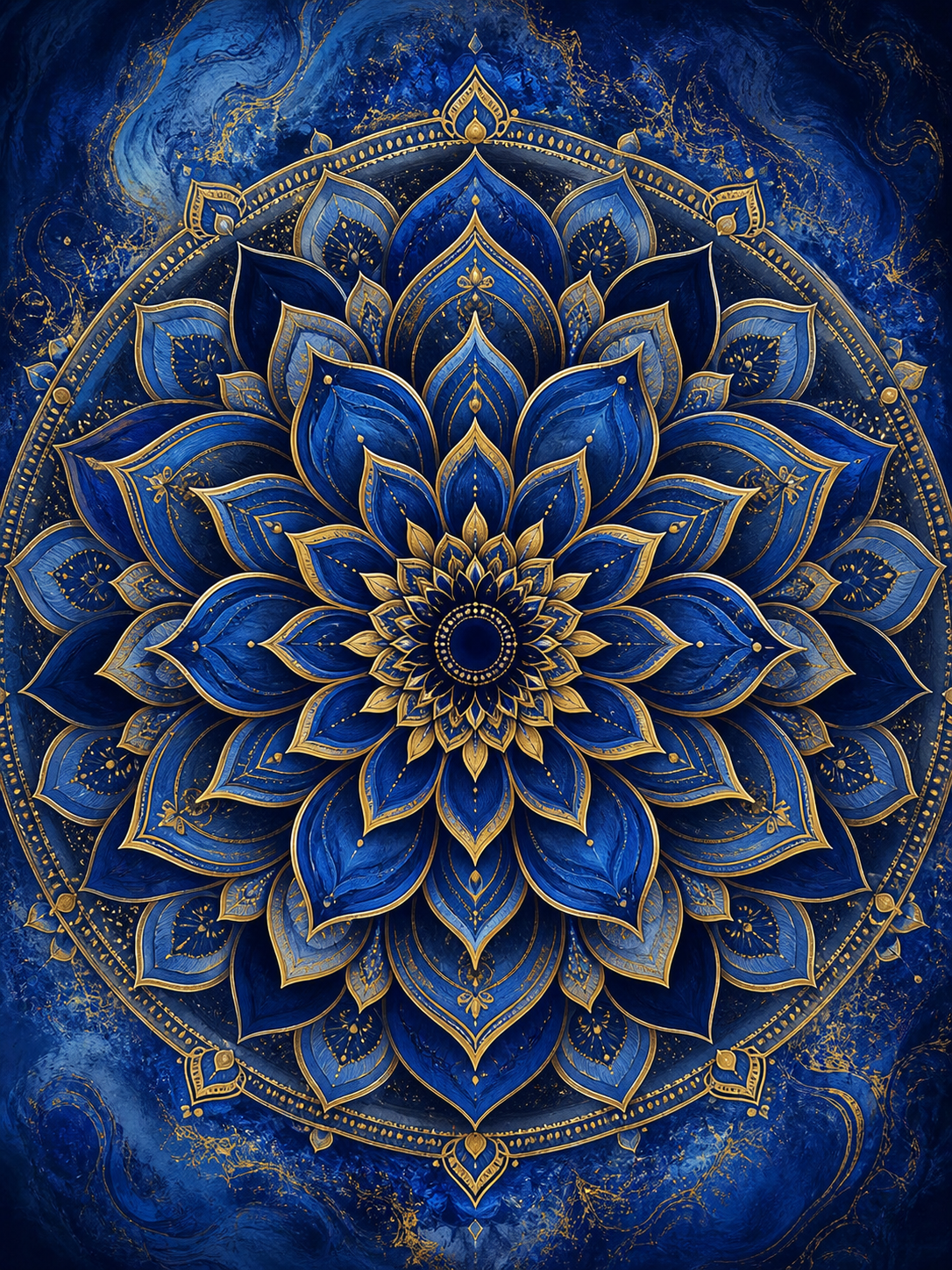Diamond Painting Goud Saffier Mandala – een koningsblauwe mandala met verfijnde gouden lijnen