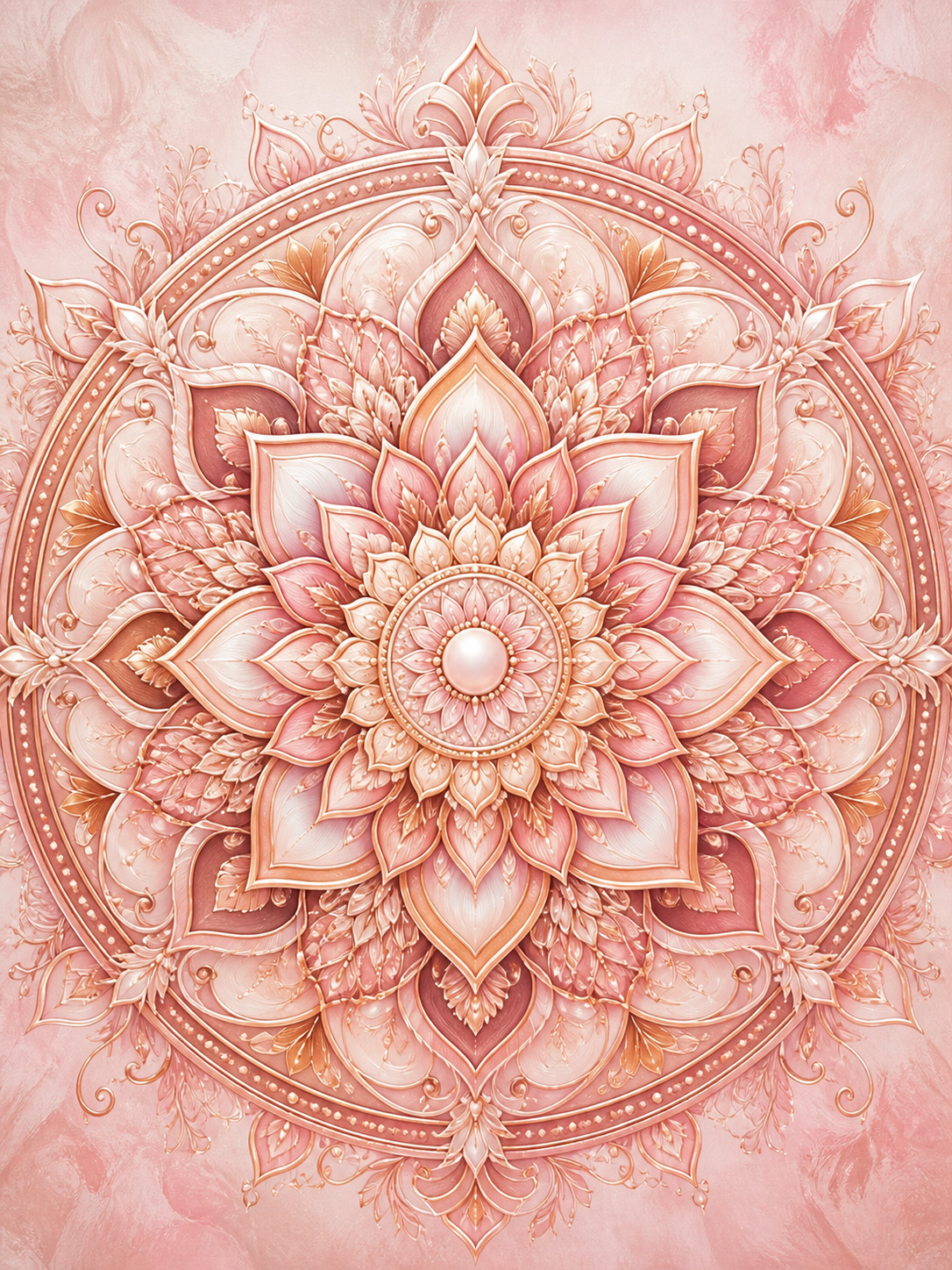 Diamond Painting Roségouden Mandala – een roségouden mandala op een zachte poederroze achtergrond