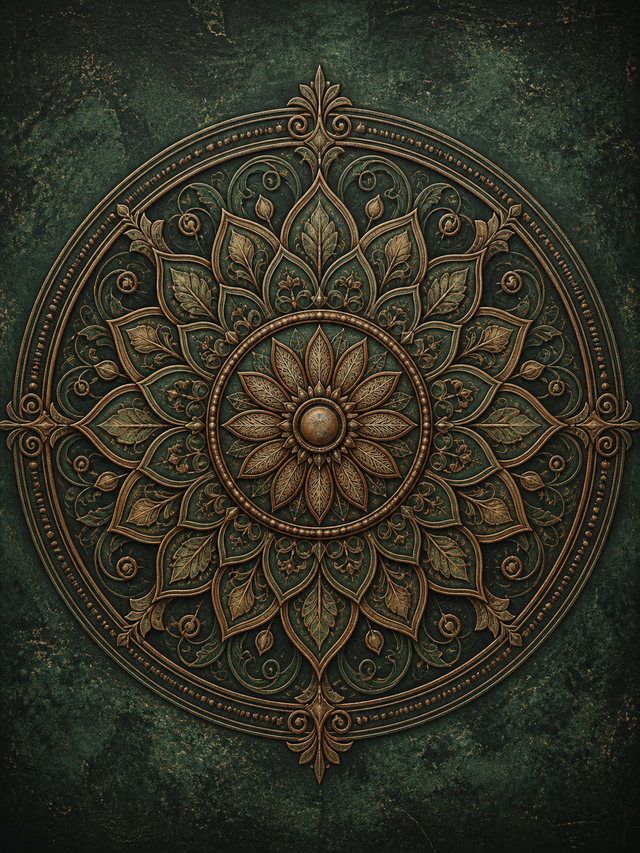 Diamond Painting Brons Donkergroen Mandala – een antiek bronzen rozet op diep donkergroen