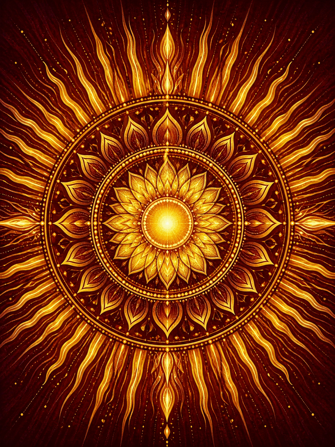 Diamond Painting Gouden Zonnestralen Mandala – een gouden zonnestraalmandala op rijk bordeauxrood