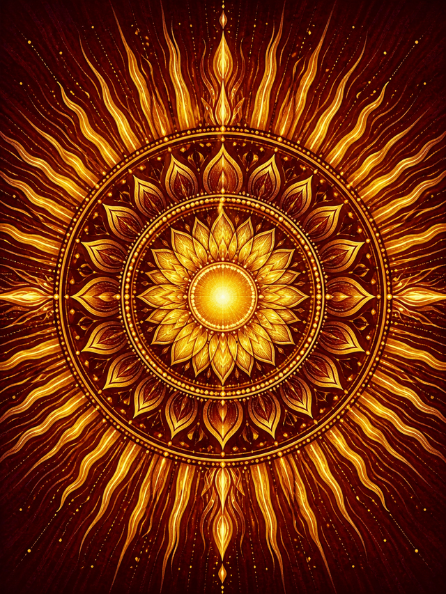 Diamond Painting Gouden Zonnestralen Mandala – een gouden zonnestraalmandala op rijk bordeauxrood