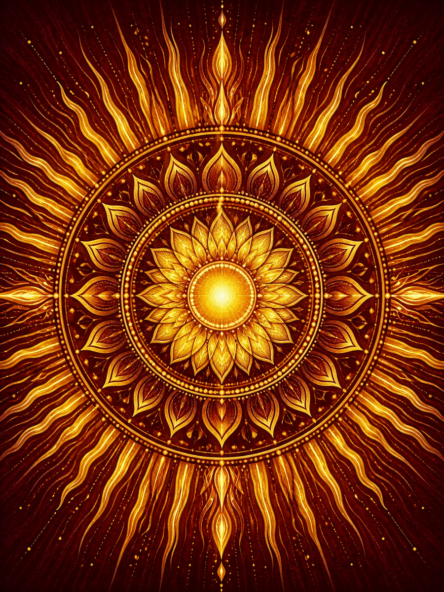 Diamond Painting Gouden Zonnestralen Mandala – een gouden zonnestraalmandala op rijk bordeauxrood