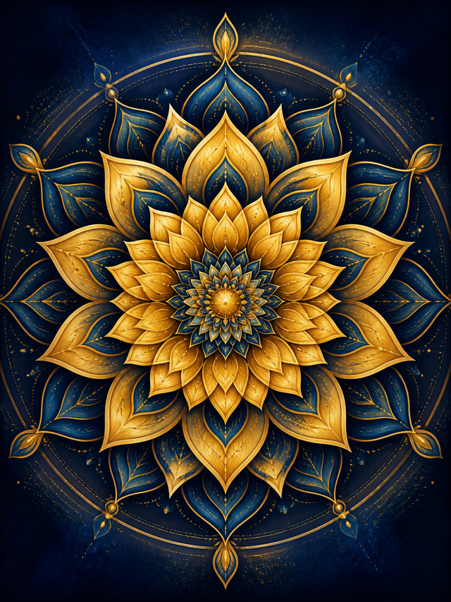 Diamond Painting Gouden Lotus Mandala – een gouden lotusachtige rozet op nachtblauw