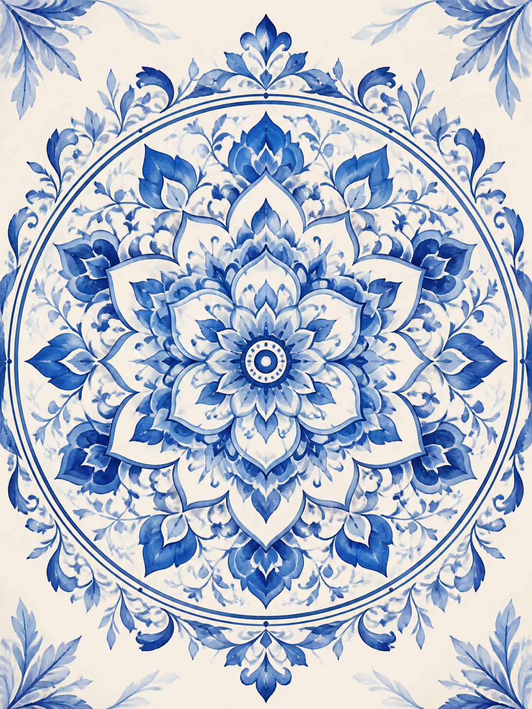 Diamond Painting Delftsblauwe Bloemenmandala – een origineel kobaltblauw bloemmotief op helder ivoor