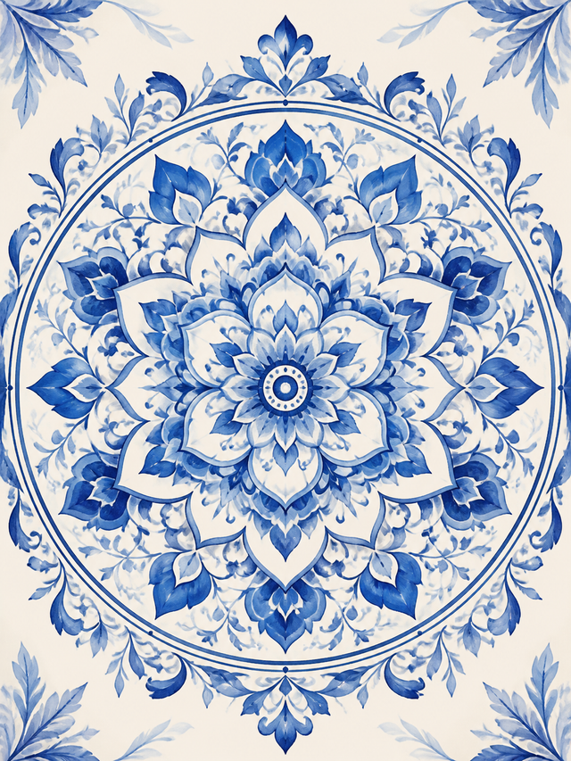 Diamond Painting Delftsblauwe Bloemenmandala – een origineel kobaltblauw bloemmotief op helder ivoor