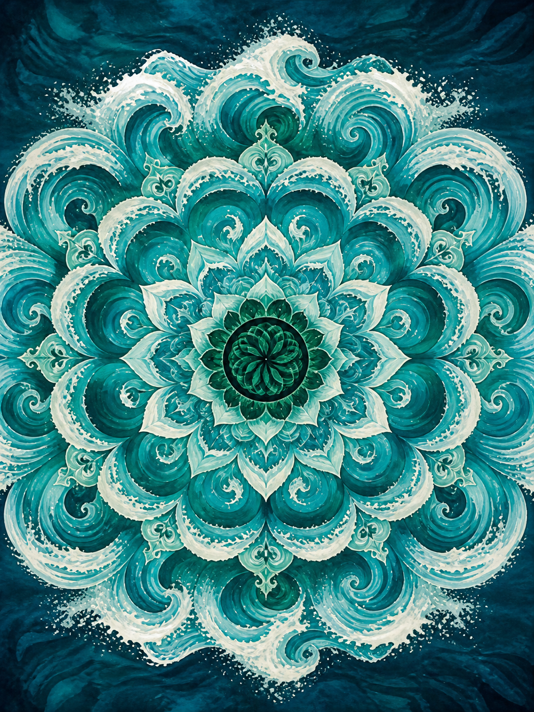 Diamond Painting Turquoise Golfmandala – een radiale compositie van turquoise oceaangolven