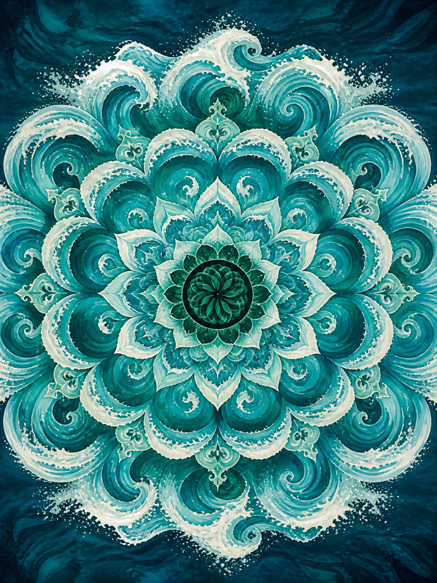 Diamond Painting Turquoise Golfmandala – een radiale compositie van turquoise oceaangolven