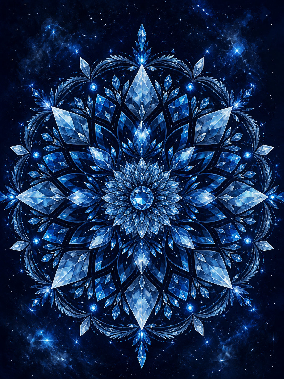 Diamond Painting Nachtblauwe Kristalmandala – een nachtblauwe mandala met ijsblauwe kristalvormen