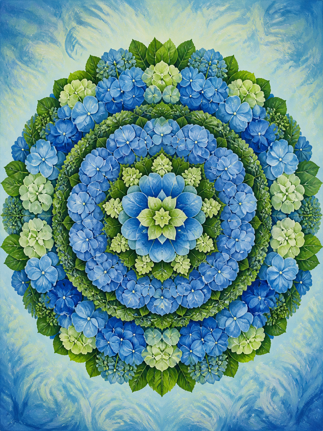 Diamond Painting Blauwe Hortensia Mandala – een bloemmandala opgebouwd uit blauwe hortensiablaadjes