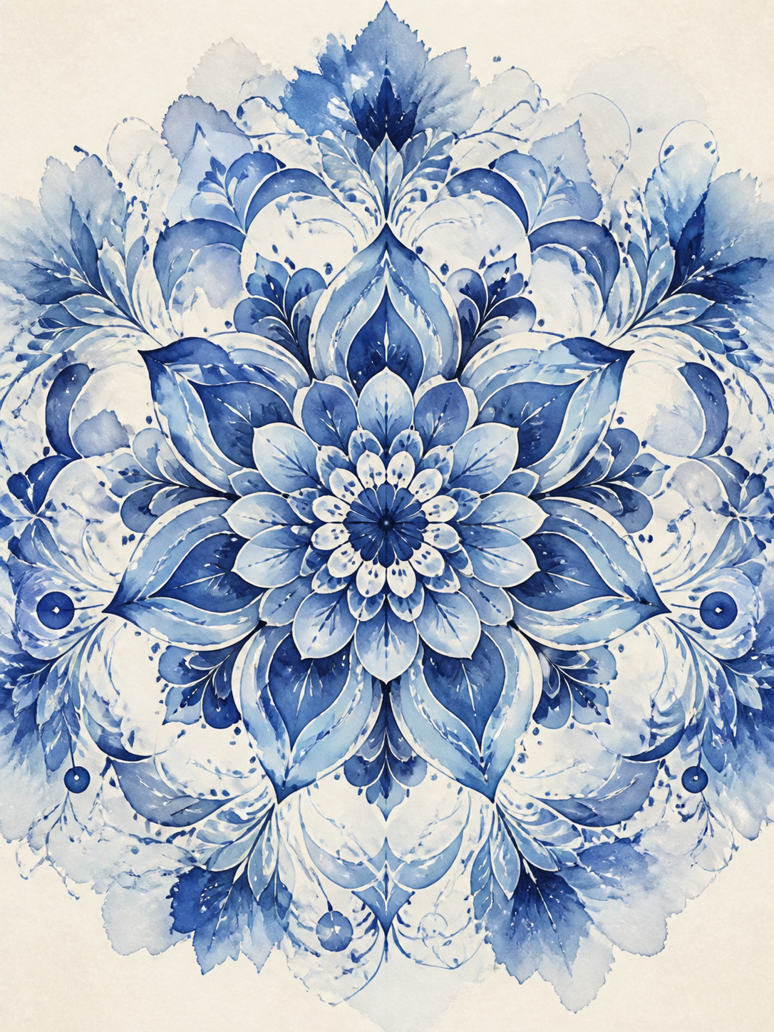 Diamond Painting Indigo Aquarelmandala – een vloeiende indigo aquarelrozet op licht papierachtig ivoor