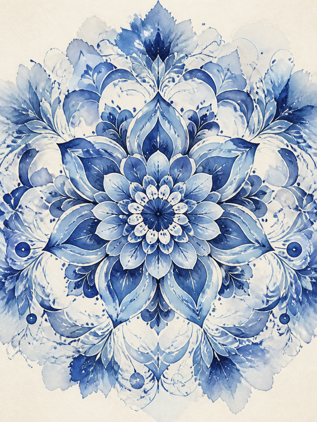 Diamond Painting Indigo Aquarelmandala – een vloeiende indigo aquarelrozet op licht papierachtig ivoor