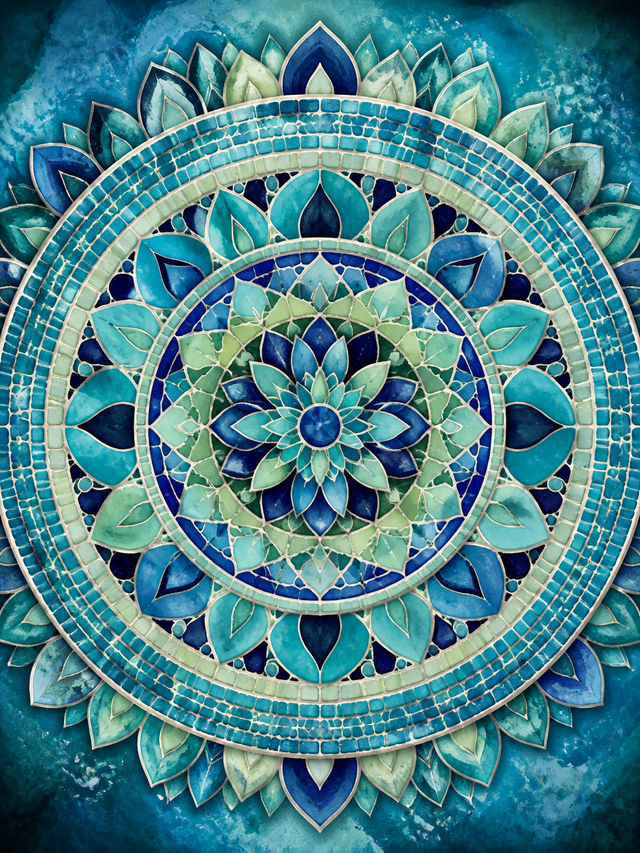 Diamond Painting Blauwgroene Mozaïekmandala – een blauwgroene mozaïekrozet met kleine geschilderde tegelvlakken