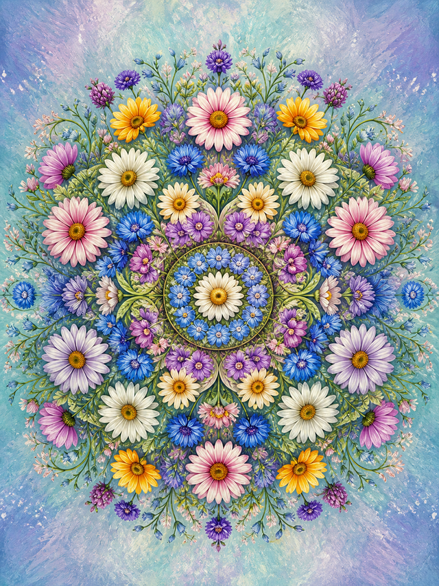 Diamond Painting Veldbloemen Mandala – een kleurrijke cirkel van originele veldbloemen
