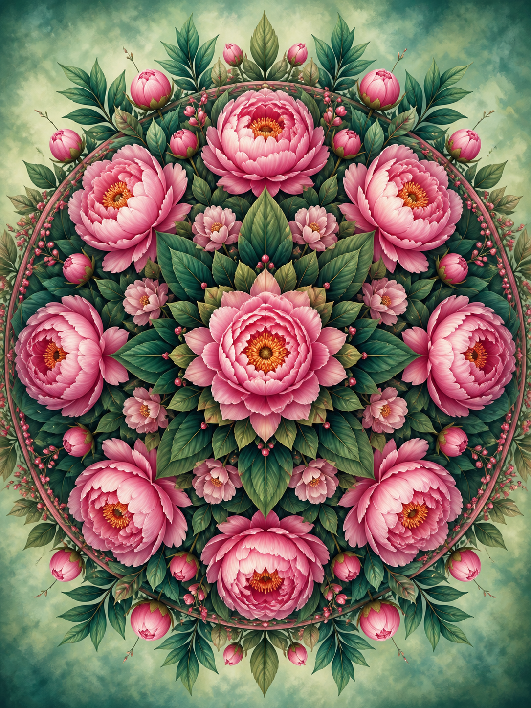 Diamond Painting Pioenrozen Mandala – een volle botanische mandala van roze pioenrozen