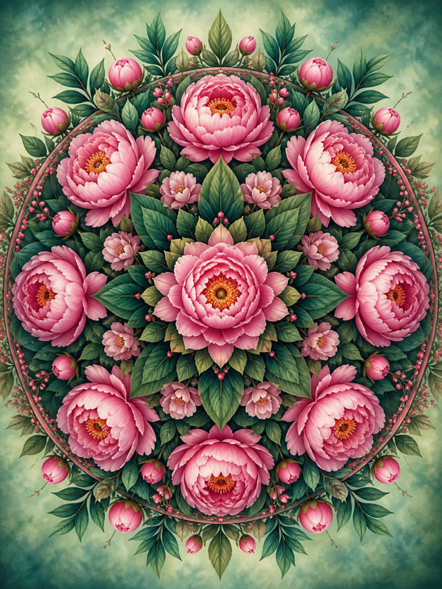Diamond Painting Pioenrozen Mandala – een volle botanische mandala van roze pioenrozen