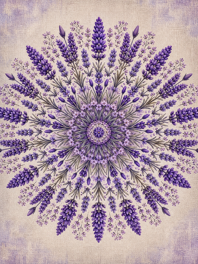 Diamond Painting Lavendel Mandala – een paarse mandala van radiaal gerangschikte lavendeltakken