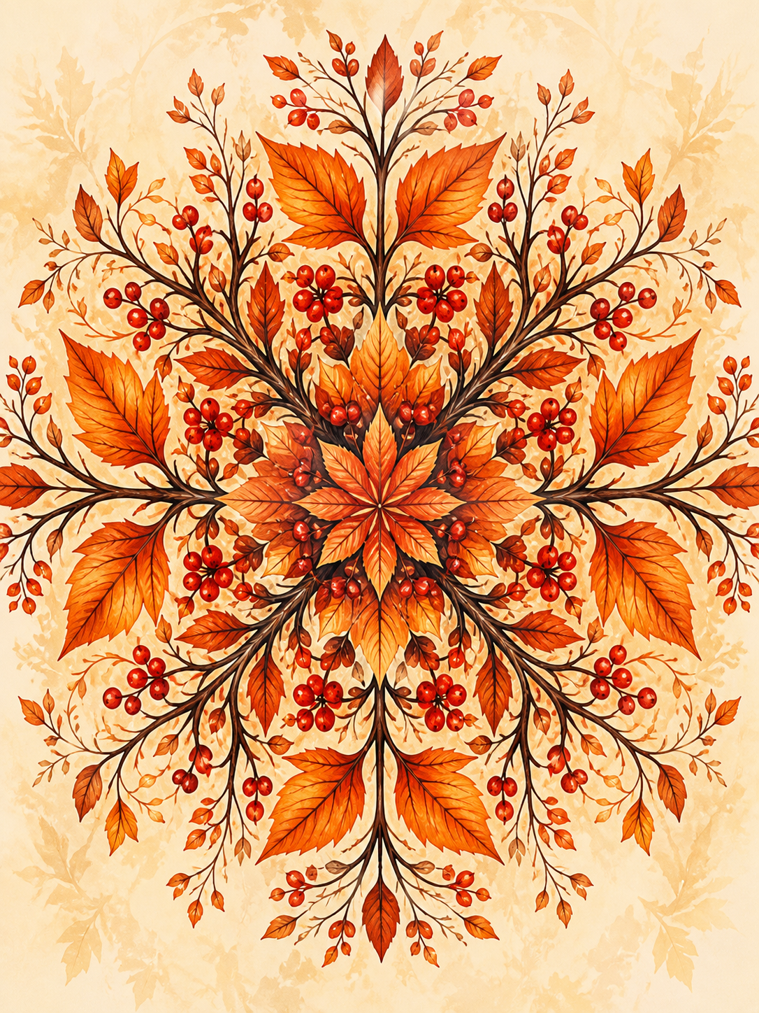Diamond Painting Herfstbessen Mandala – een botanische herfstmandala met bladeren en rode bessen