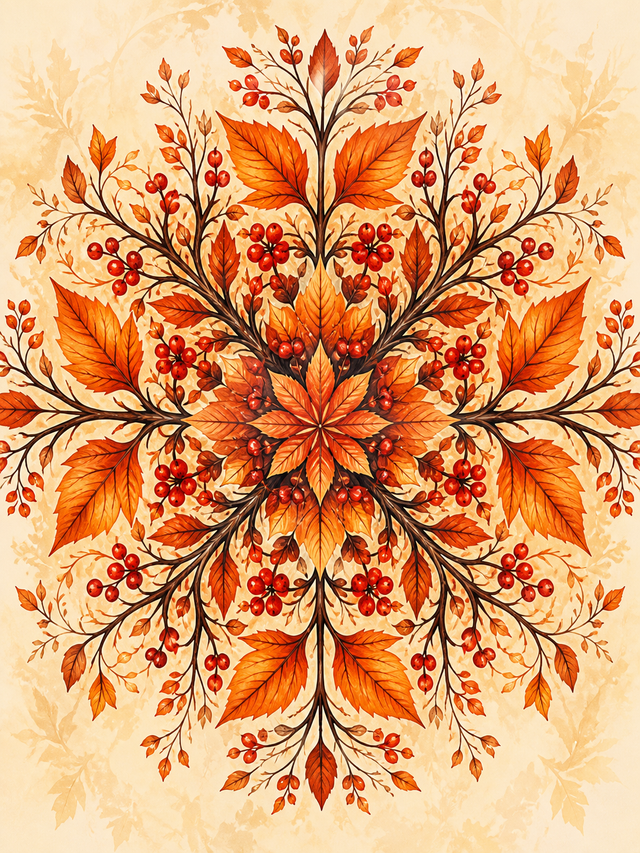 Diamond Painting Herfstbessen Mandala – een botanische herfstmandala met bladeren en rode bessen