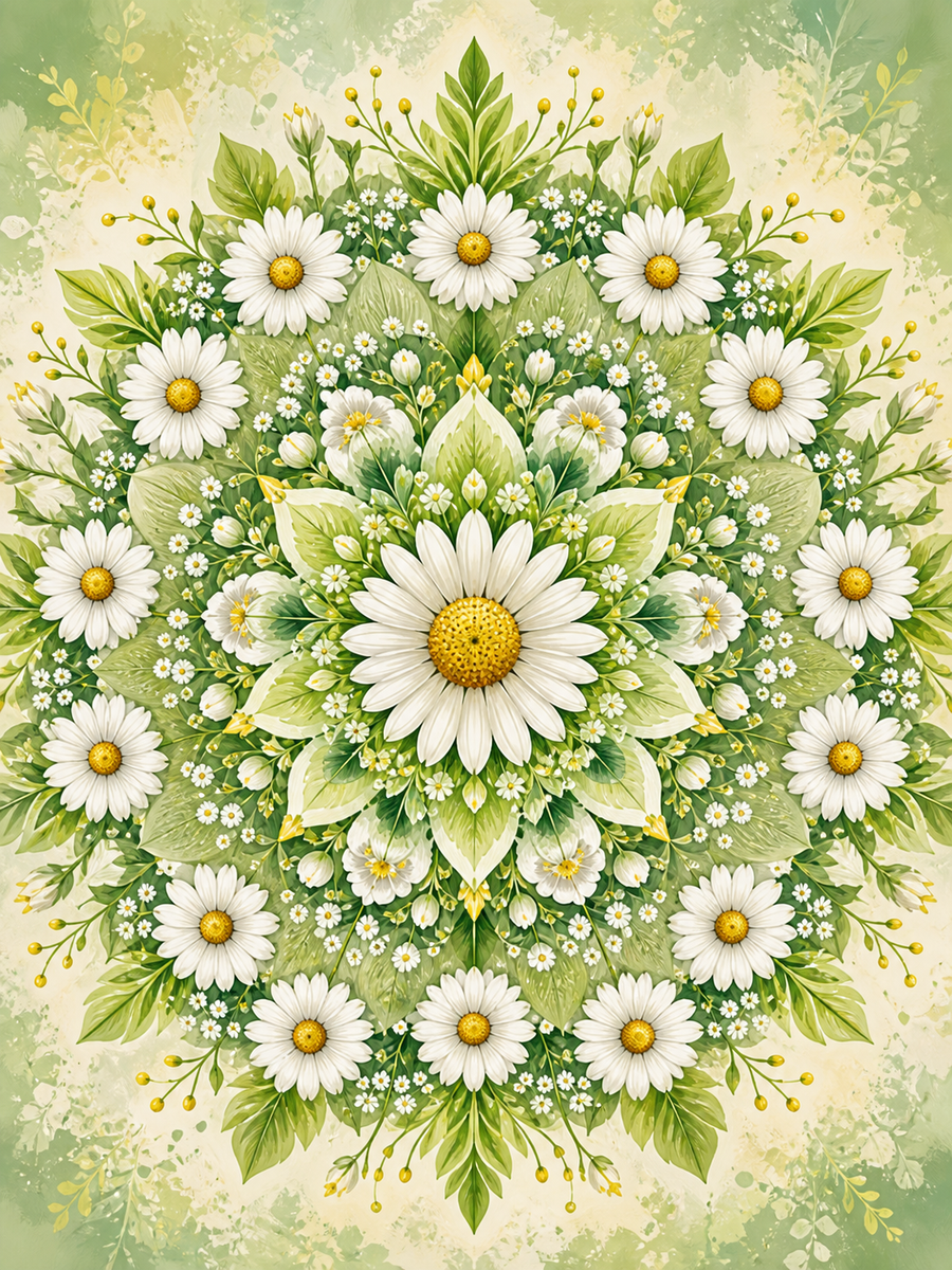 Diamond Painting Witte Margriet Mandala – een frisse botanische mandala van witte margrieten