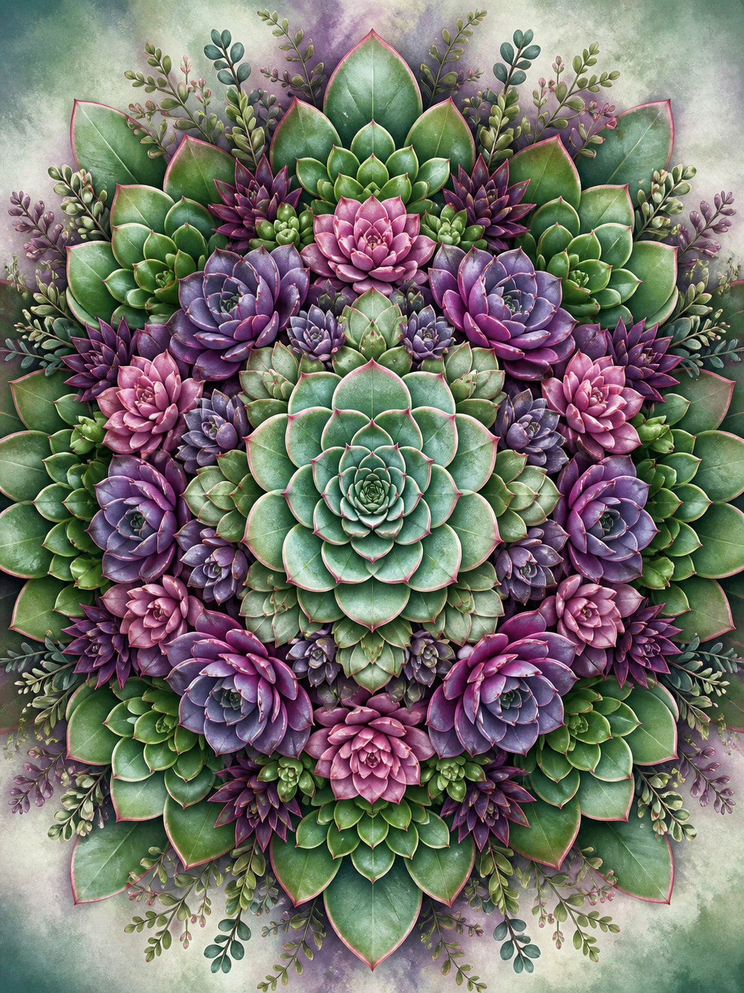 Diamond Painting Vetplanten Mandala – een gelaagde rozet van groene en paarsroze vetplanten