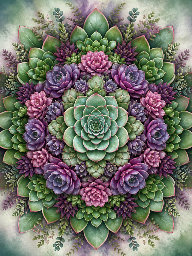 Diamond Painting Vetplanten Mandala – een gelaagde rozet van groene en paarsroze vetplanten
