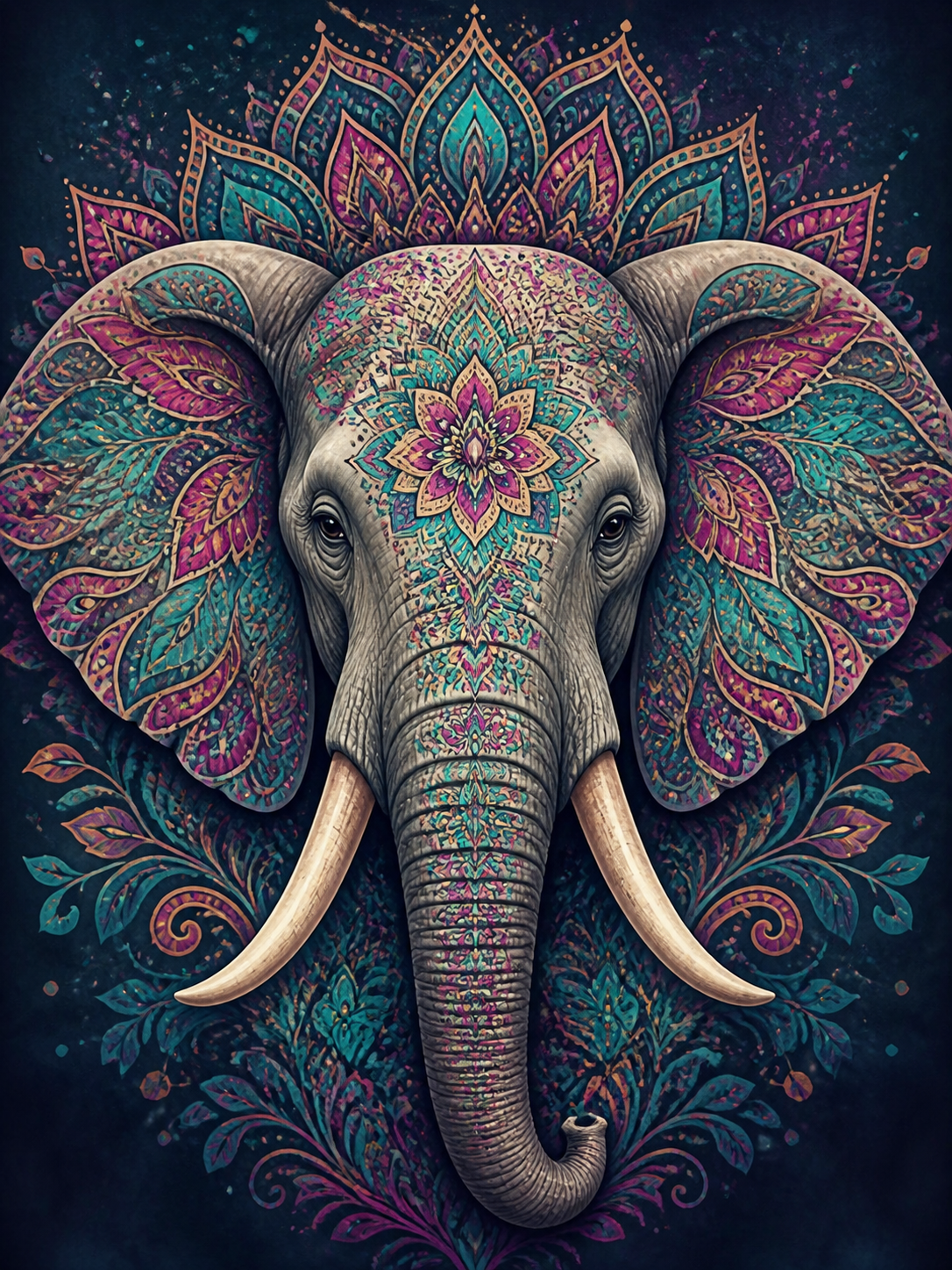 Diamond Painting Olifant met Mandalapatroon – een frontaal olifantenportret met een origineel kleurrijk mandalapatroon