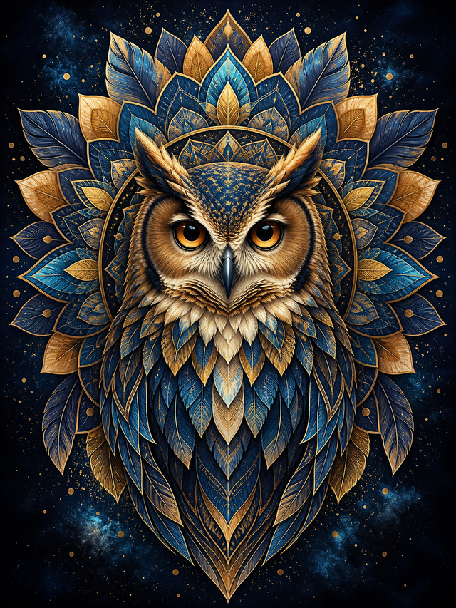 Diamond Painting Uil met Verenmandala – een wijze uil met een geometrische mandala van veren