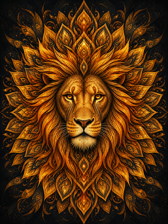Diamond Painting Leeuw met Mandalamanen – een krachtig leeuwenportret met mandala-achtige manen