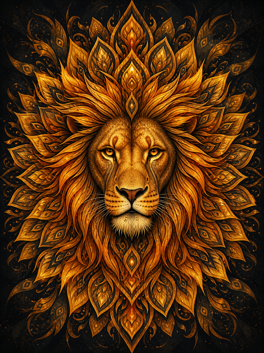 Diamond Painting Leeuw met Mandalamanen – een krachtig leeuwenportret met mandala-achtige manen