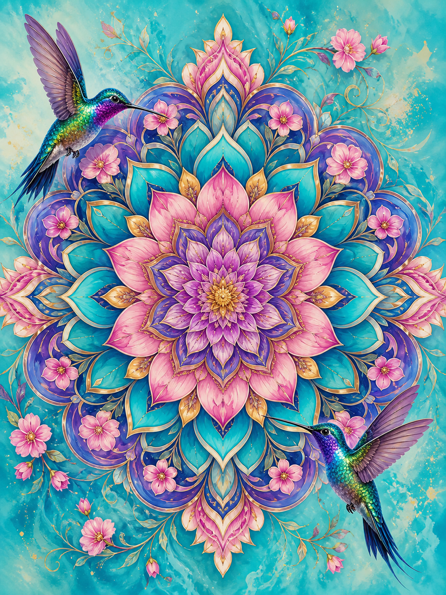Diamond Painting Kolibries met Bloemenmandala – twee kolibries rond een heldere bloemenmandala
