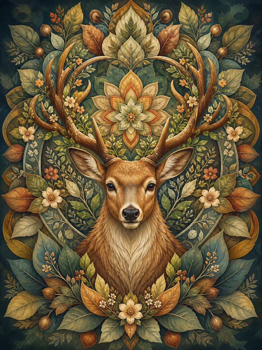 Diamond Painting Hert met Botanische Mandala – een rustig hertenportret met een botanische mandala rond het gewei